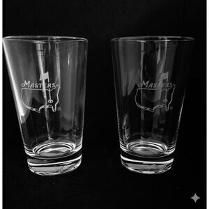 MASTERS Augusta Golf Logo Etched Drinking Glasses Ale 14oz Set of 2 W/O Box
